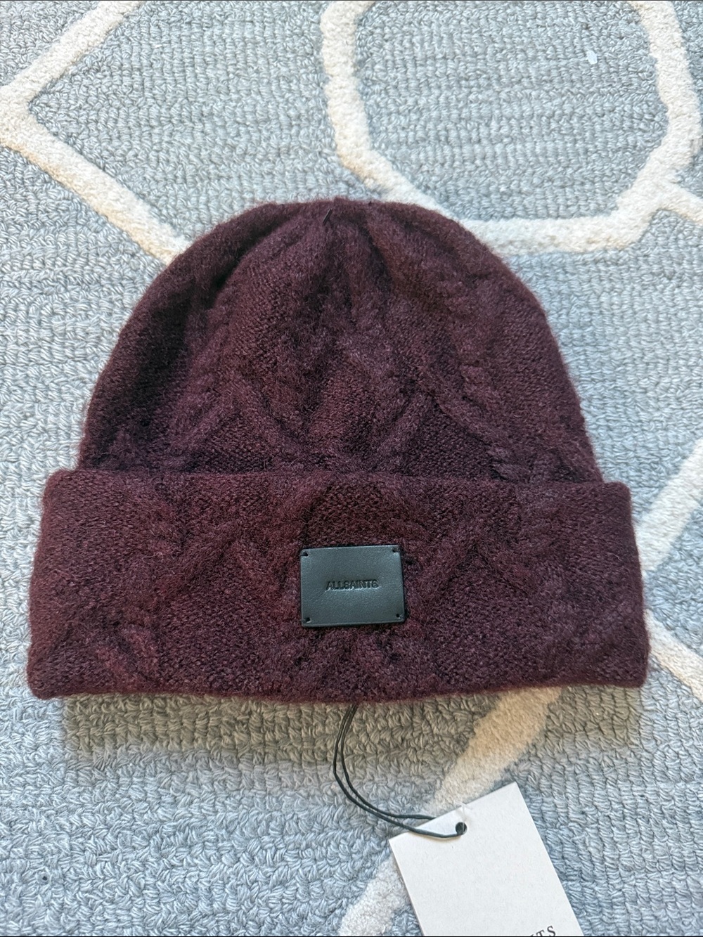 AllSaints Cable Knit Beanie Burgundy Wool Blend Logo Cuff Hat NWT